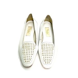 Vintage 1990s white leather gold dome rivet embellished slip on loafers